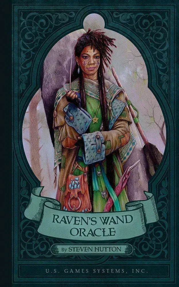 Cover of 'Raven's Wand Oracle' by Steven Hutton with a person holding a wand.
