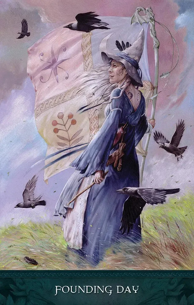 Magical character with a broom and crows, holding a banner with 'Founding Day' text.