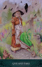 Scarecrow with a large green pumpkin in a garden setting, with text 'Give and Take' at the bottom.