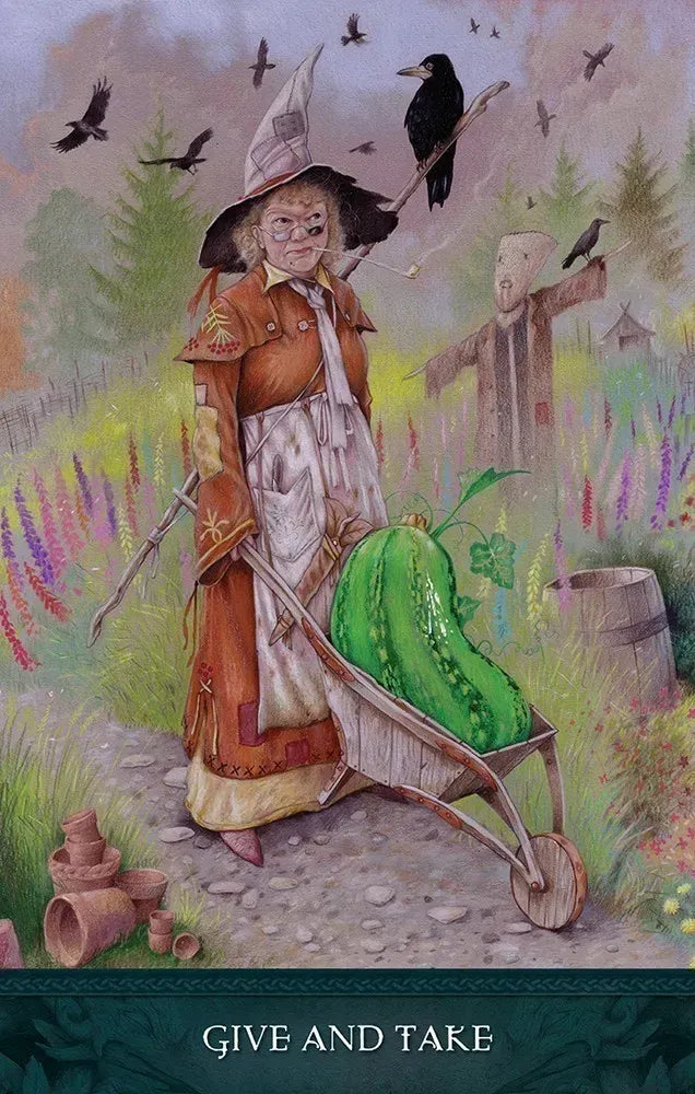 Scarecrow with a large green pumpkin in a garden setting, with text 'Give and Take' at the bottom.