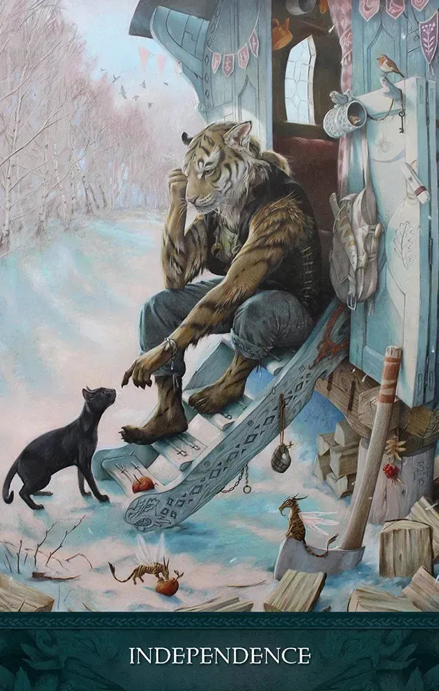 Illustration of a creature sitting on a ladder with a cat and dog below, labeled 'Independence'.