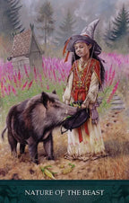 Illustration of a person in historical attire interacting with a boar in a natural setting.