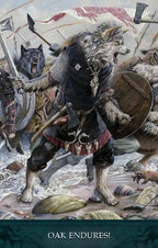 Illustration of a warrior with wolves and shields, with 'Oak Endures!' text at the bottom.