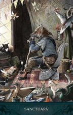 Fantasy scene with a fox-like creature in a room filled with animals and mystical elements, titled 'Sanctuary'.