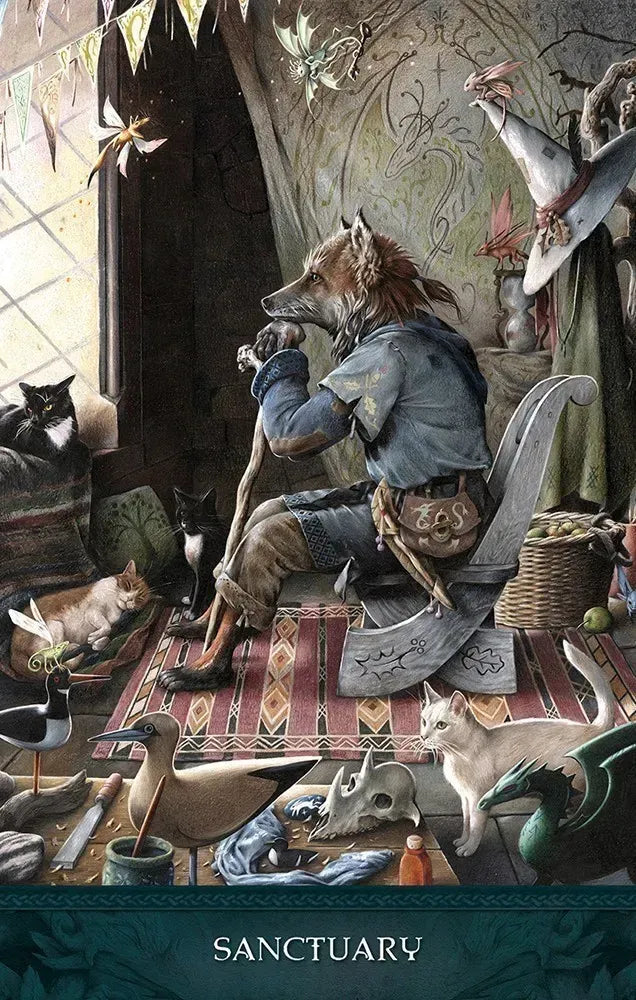 Fantasy scene with a fox-like creature in a room filled with animals and mystical elements, titled 'Sanctuary'.