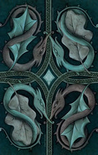 Decorative design with dragons and leaves on a teal background