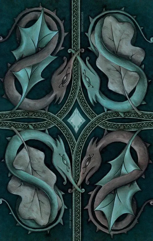 Decorative design with dragons and leaves on a teal background