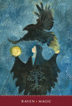 Illustration of a person with a raven and a rose against a starry night sky, with 'Raven Magic' text at the bottom.