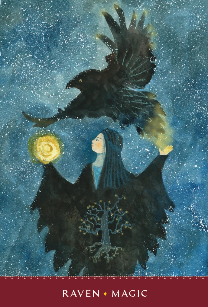 Illustration of a person with a raven and a rose against a starry night sky, with 'Raven Magic' text at the bottom.