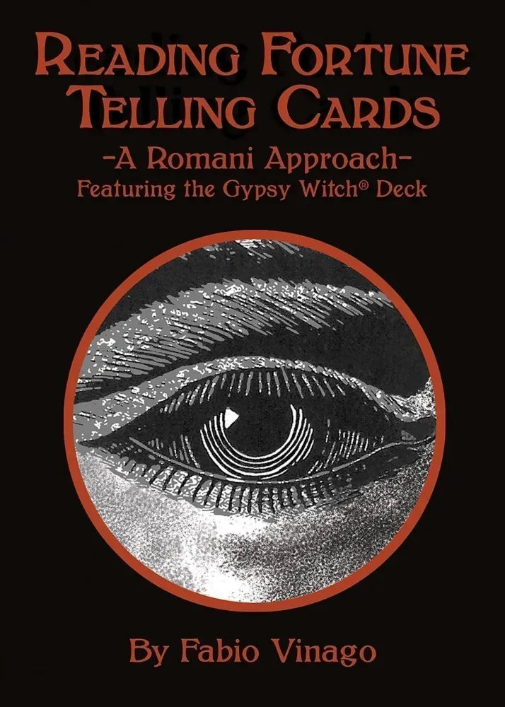 Book cover of 'Reading Fortune Telling Cards: A Romani Approach' featuring an eye illustration on a black background.