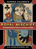 Playing card set packaging with intricate design and text 'Royal Mischief Transformation Playing Cards' by Patrick Valenza.