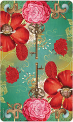 Decorative card with red and pink flowers and vintage keys on a green background