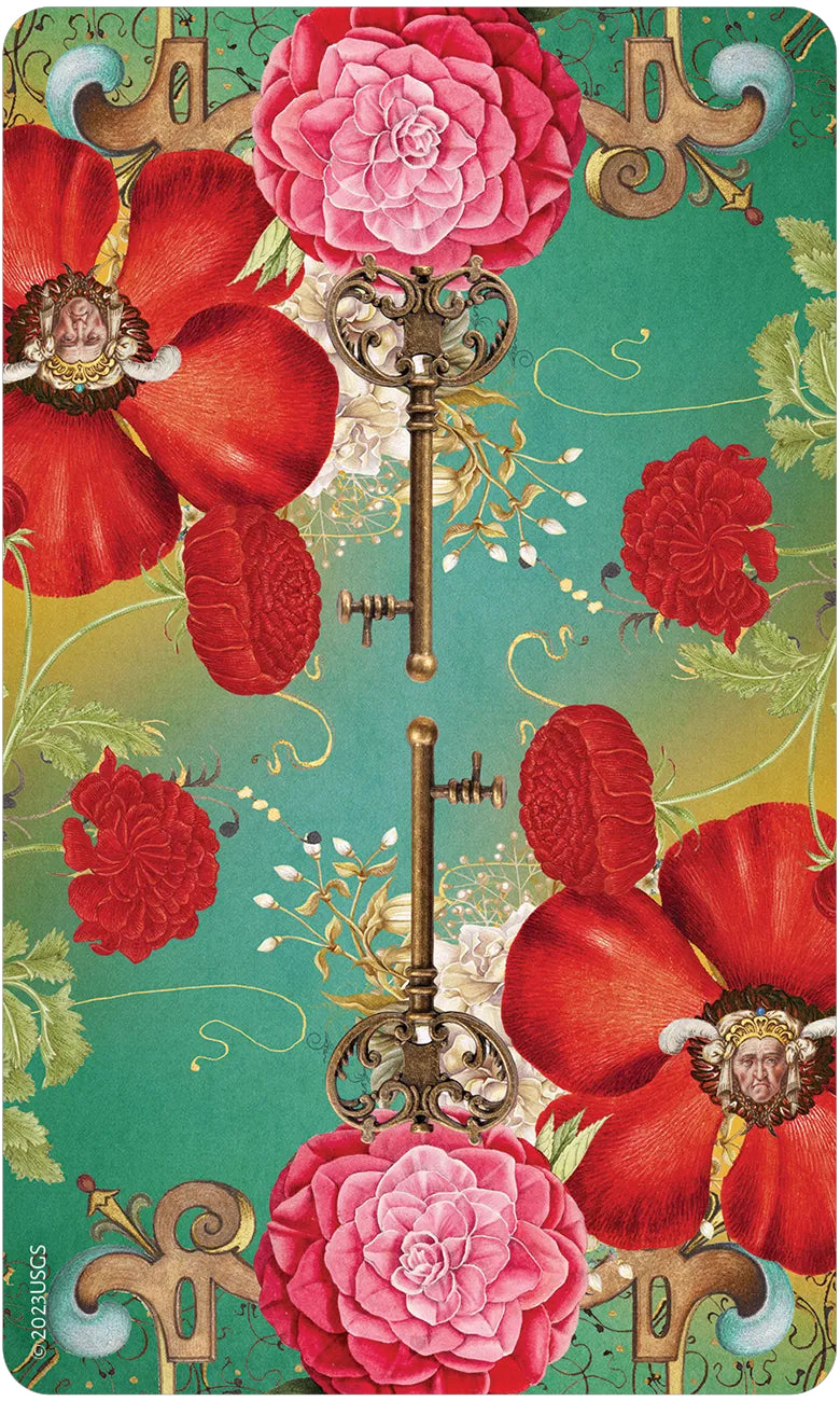 Decorative card with red and pink flowers and vintage keys on a green background