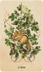 Vintage-style card with a chipmunk and lizard on a branch, featuring decorative elements.