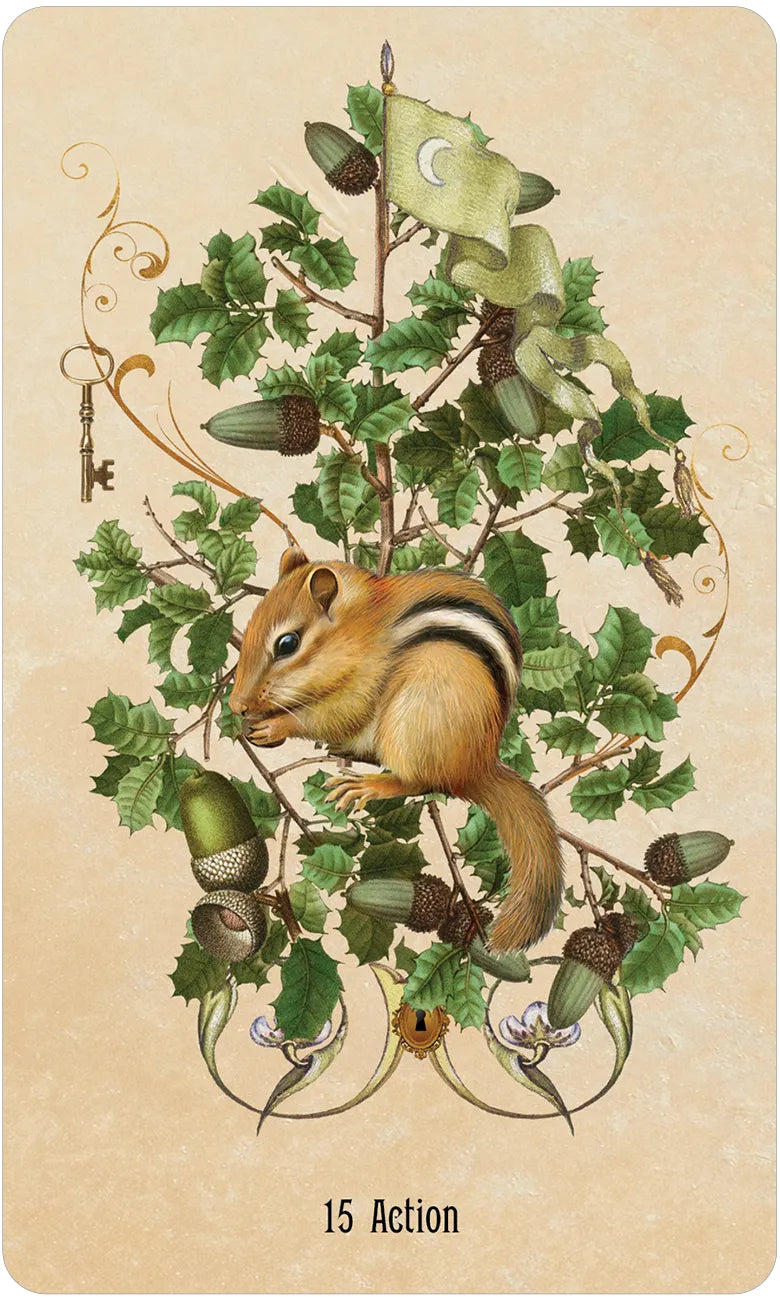 Vintage-style card with a chipmunk and lizard on a branch, featuring decorative elements.