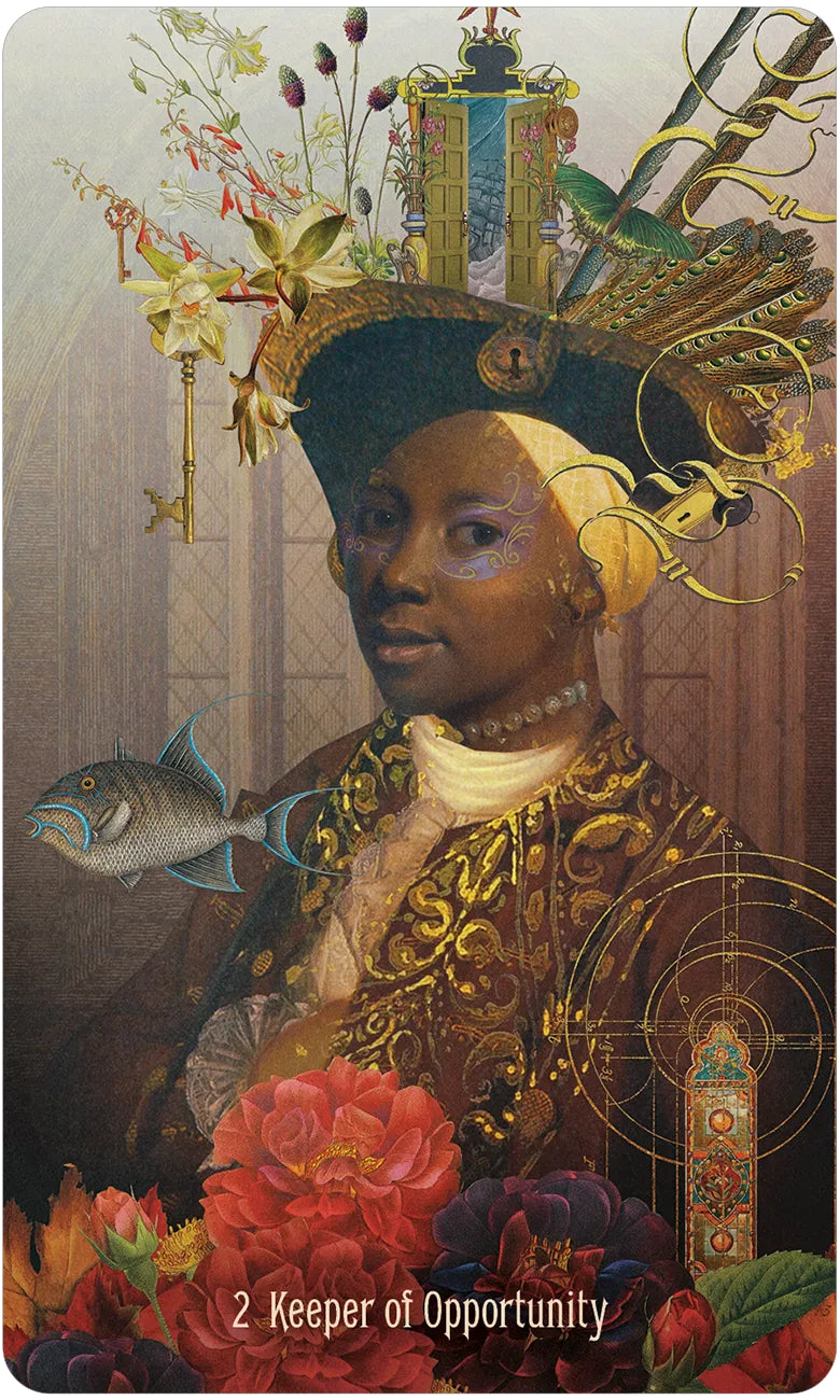 Artistic depiction of a figure with intricate headgear and floral elements, labeled '2 Keeper of Opportunity'.