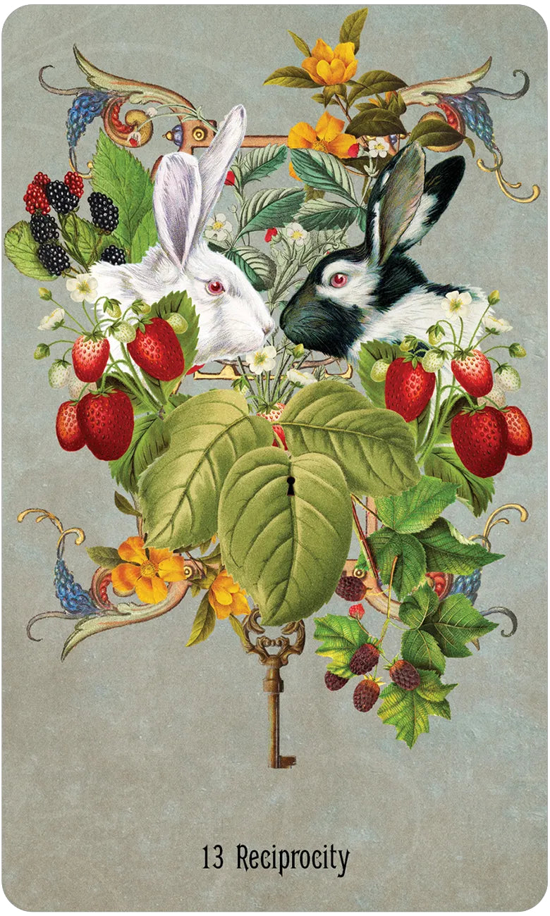 Decorative card with rabbits, flowers, and berries on a textured background
