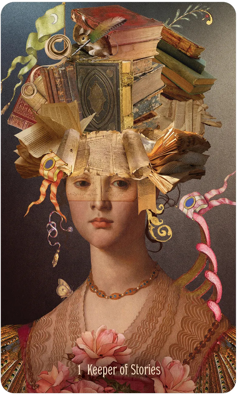Artistic depiction of a woman with books and decorative elements on her head, titled 'Keeper of Stories'.