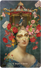 Vintage-style illustration of a woman's face with flowers and a decorative lantern, titled 'Keeper of Wonder'.