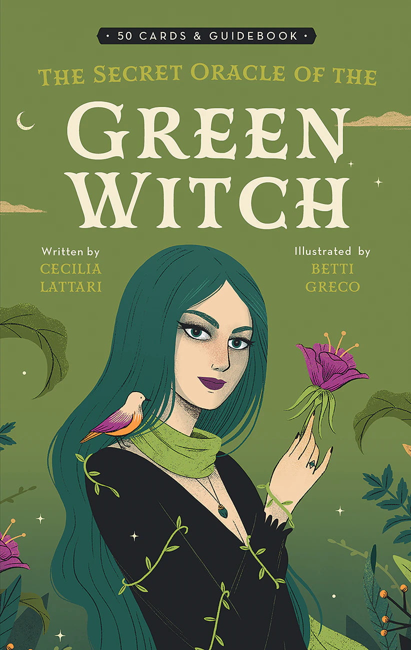 Book cover of 'The Secret Oracle of the Green Witch' with a green background and illustration of a woman with green hair holding a flower.