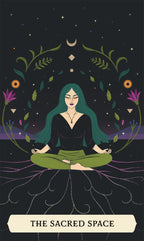 Illustration of a person meditating with green hair and green pants, surrounded by nature elements on a dark background.