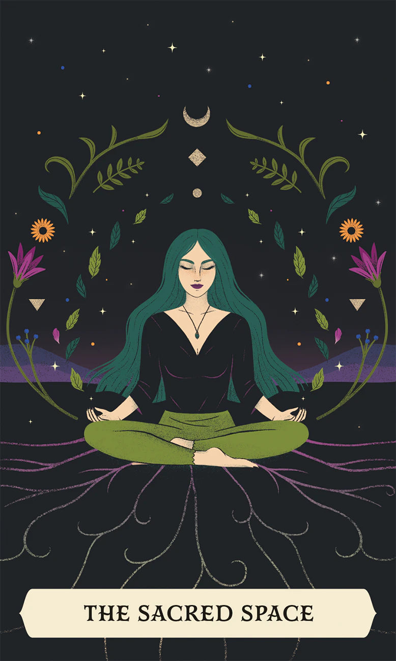 Illustration of a person meditating with green hair and green pants, surrounded by nature elements on a dark background.