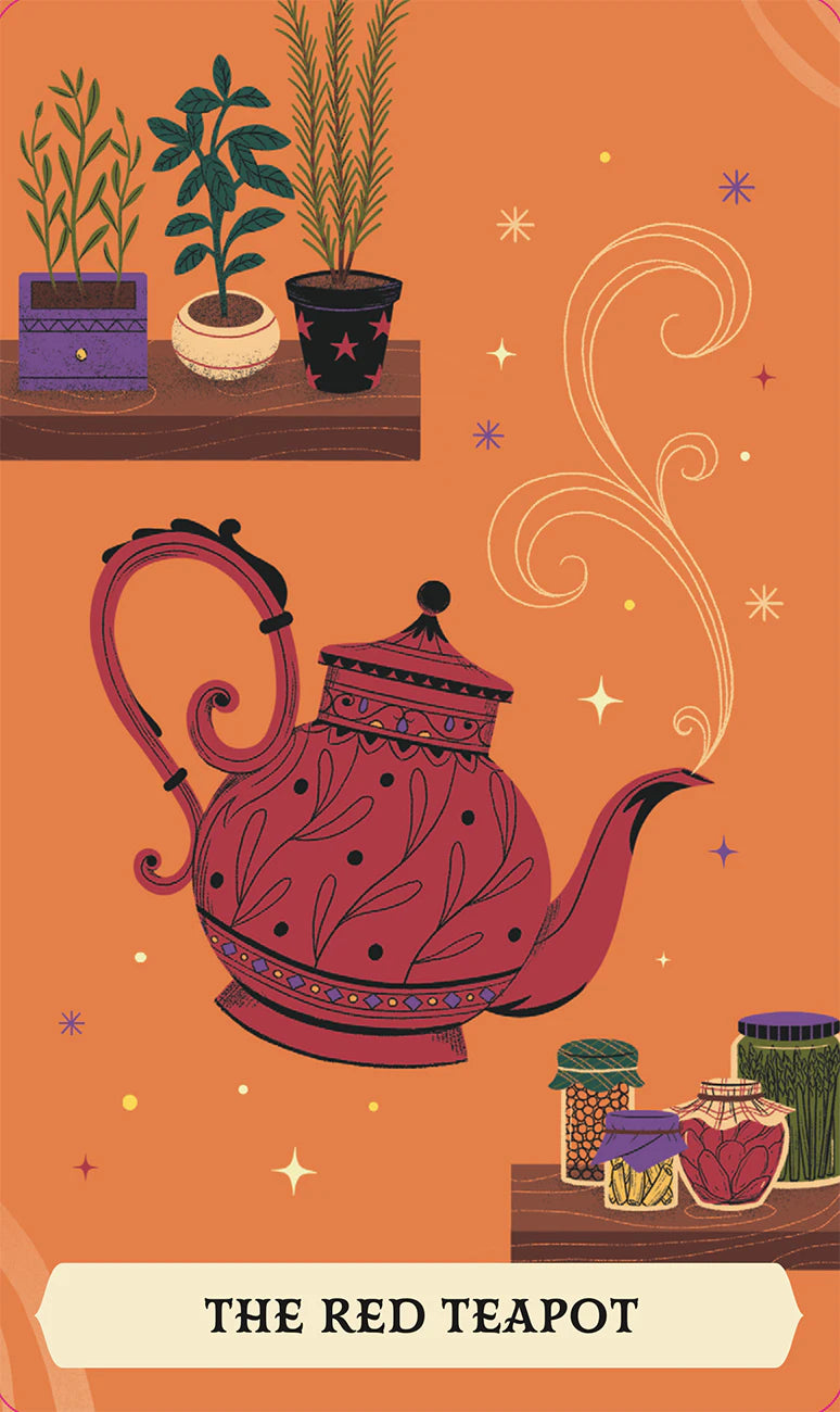 Illustration of a red teapot on an orange background with plants and jars.