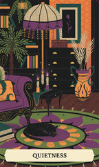 Illustration of a cozy room with a cat on a rug, books, and a lamp, labeled 'Quietness'.