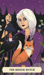 Illustration of a woman with white hair holding a lantern and a fox, with a dark forest background.