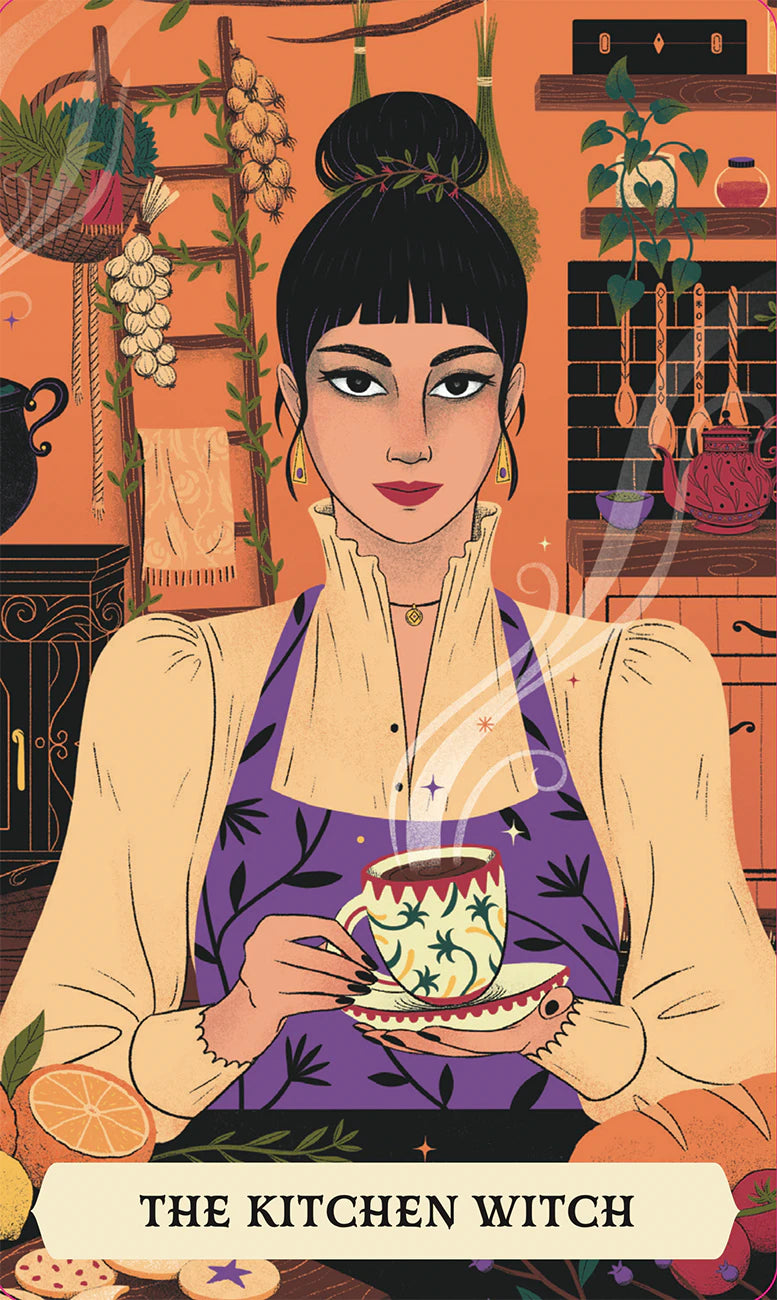 Illustration of a woman in a kitchen holding a teacup, with text 'The Kitchen Witch' at the bottom.