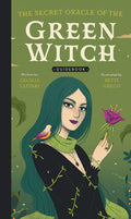Book cover of 'The Secret Oracle of the Green Witch' with a green witch holding a flower on a green background.