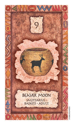 Card with a design of a basket and deer, labeled 'Beaver Moon Sagittarius Baskets Adult', on a decorative background.