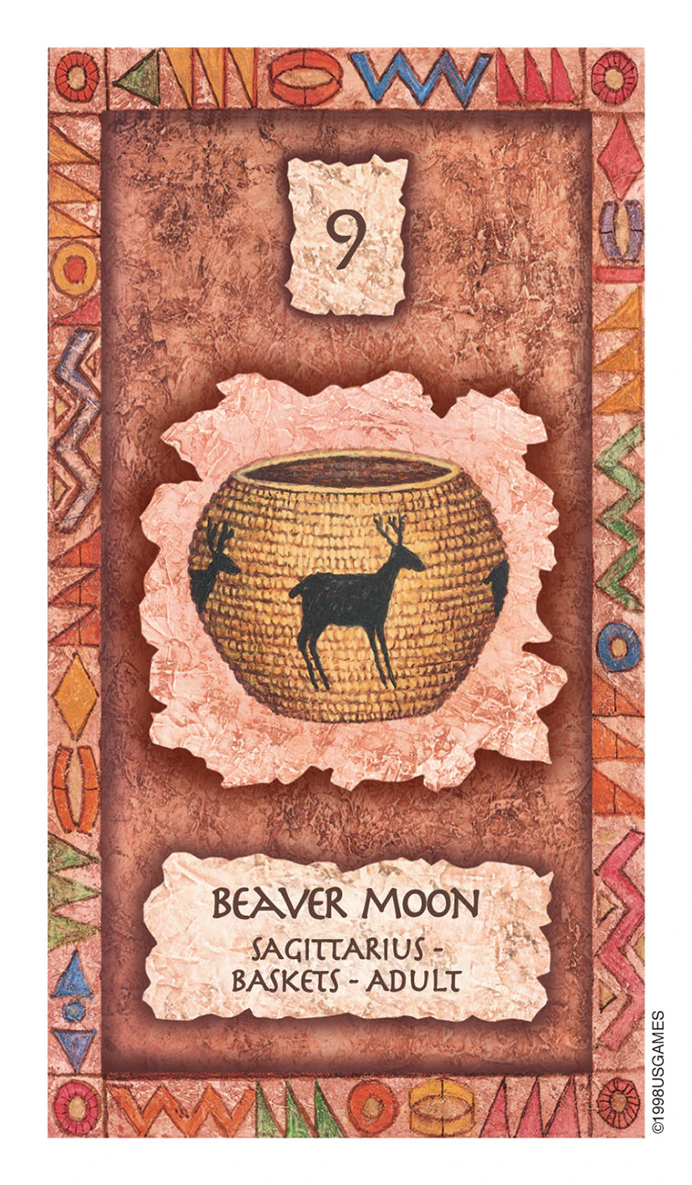 Card with a design of a basket and deer, labeled 'Beaver Moon Sagittarius Baskets Adult', on a decorative background.