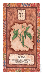 Decorative card with a design of beans and astrological text on a textured background.
