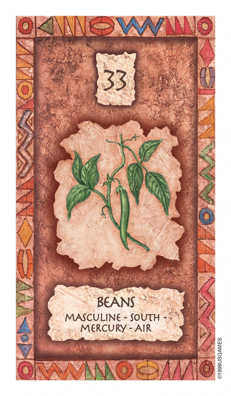 Decorative card with a design of beans and astrological text on a textured background.