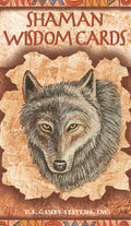 Card with a wolf illustration and 'Shaman Wisdom Cards' text on a textured background