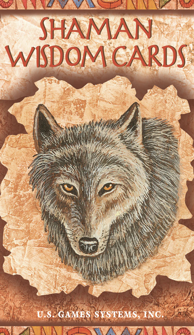 Card with a wolf illustration and 'Shaman Wisdom Cards' text on a textured background