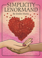Book cover of 'Simplicity Lenormand' by Emilie Muniz with a heart and hands design on a pink background.