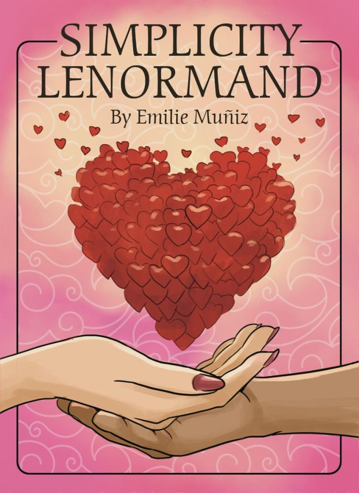 Book cover of 'Simplicity Lenormand' by Emilie Muniz with a heart and hands design on a pink background.