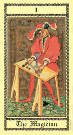 Tarot card featuring 'The Magician' with a person in red attire performing magick.