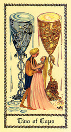 Two of Cups tarot card with two people embracing and two cups, one blue and one gold, on a beige background.