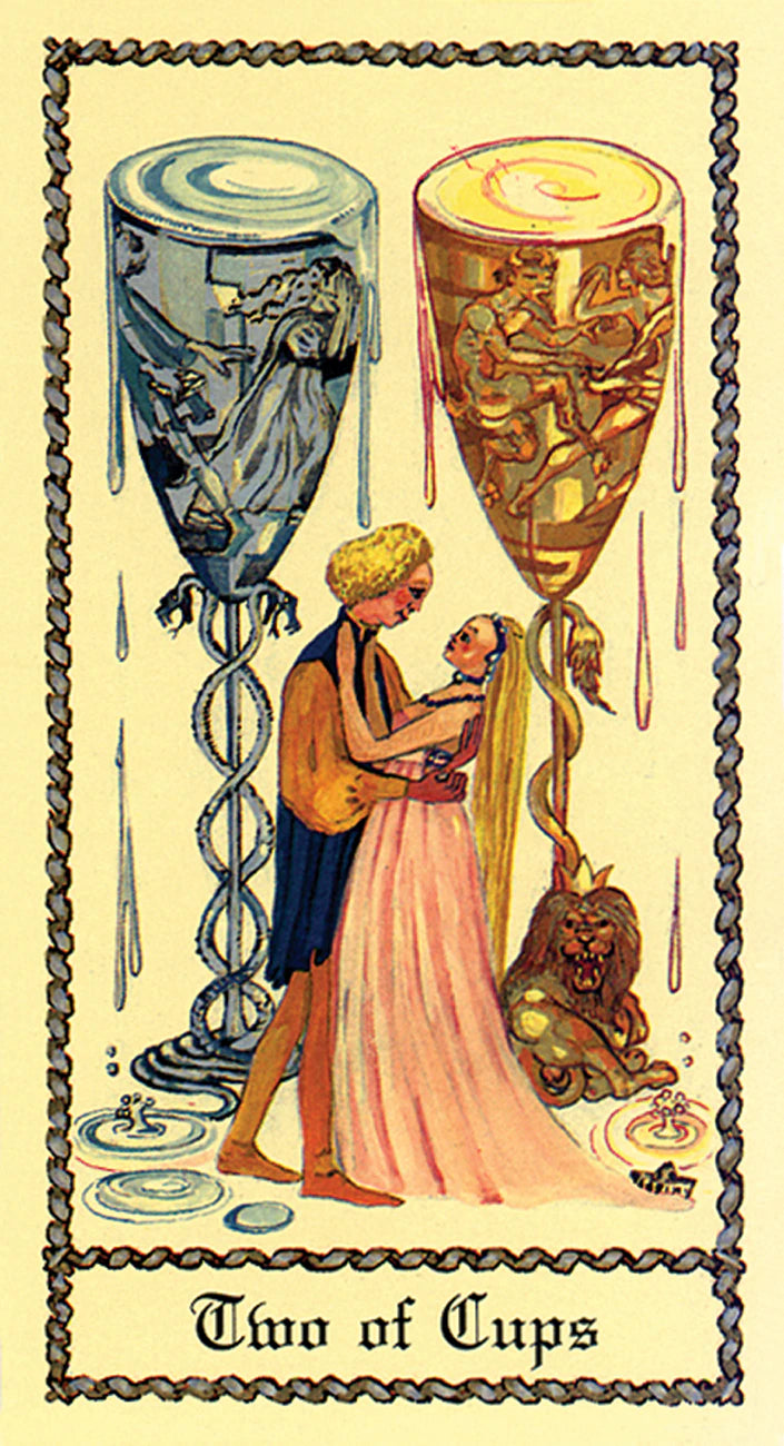 Two of Cups tarot card with two people embracing and two cups, one blue and one gold, on a beige background.