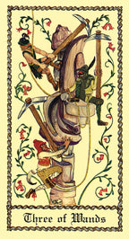 Three of Wands tarot card with detailed illustrations and decorative elements.