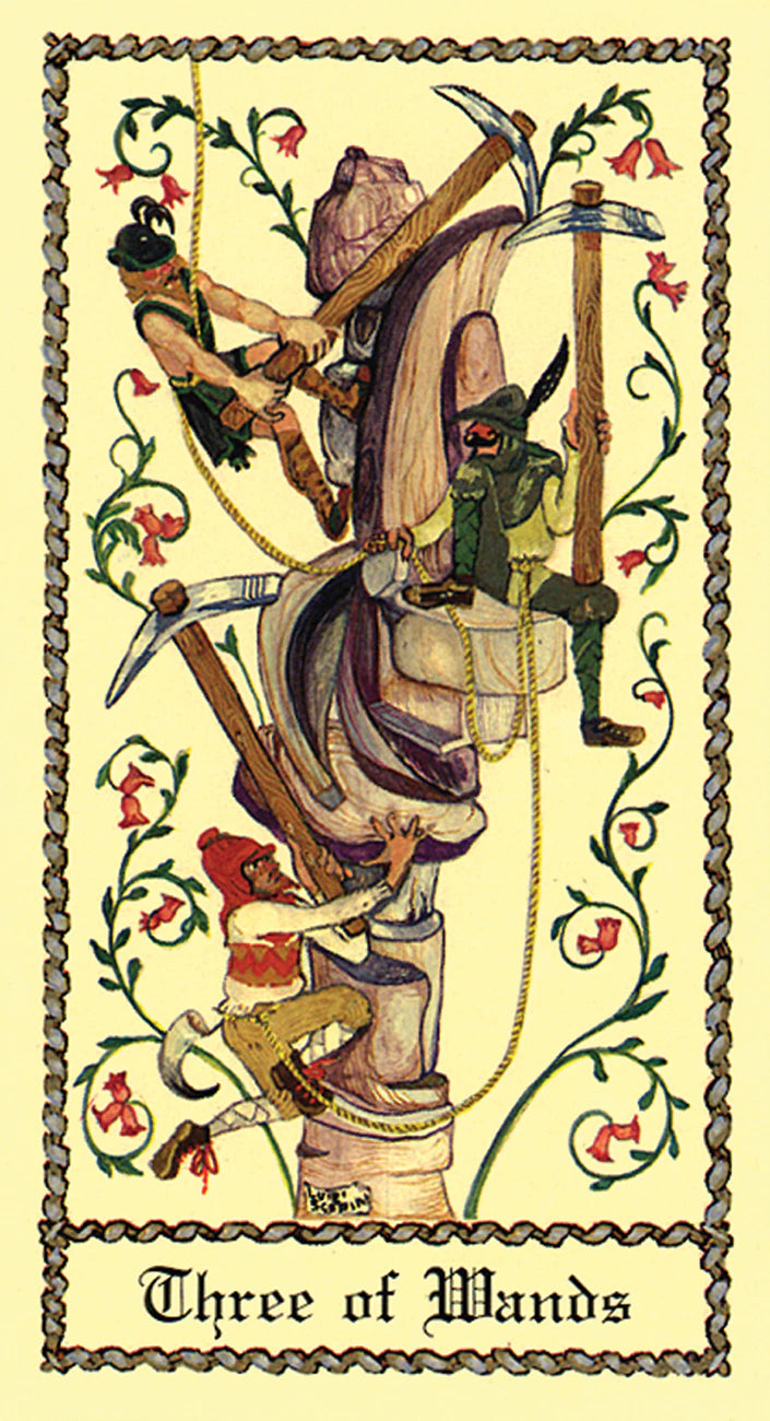 Three of Wands tarot card with detailed illustrations and decorative elements.