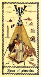 Four of Swords tarot card with a Native American figure and teepee