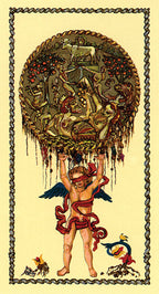 Artistic depiction of a figure holding up a circular emblem with various symbols and elements.