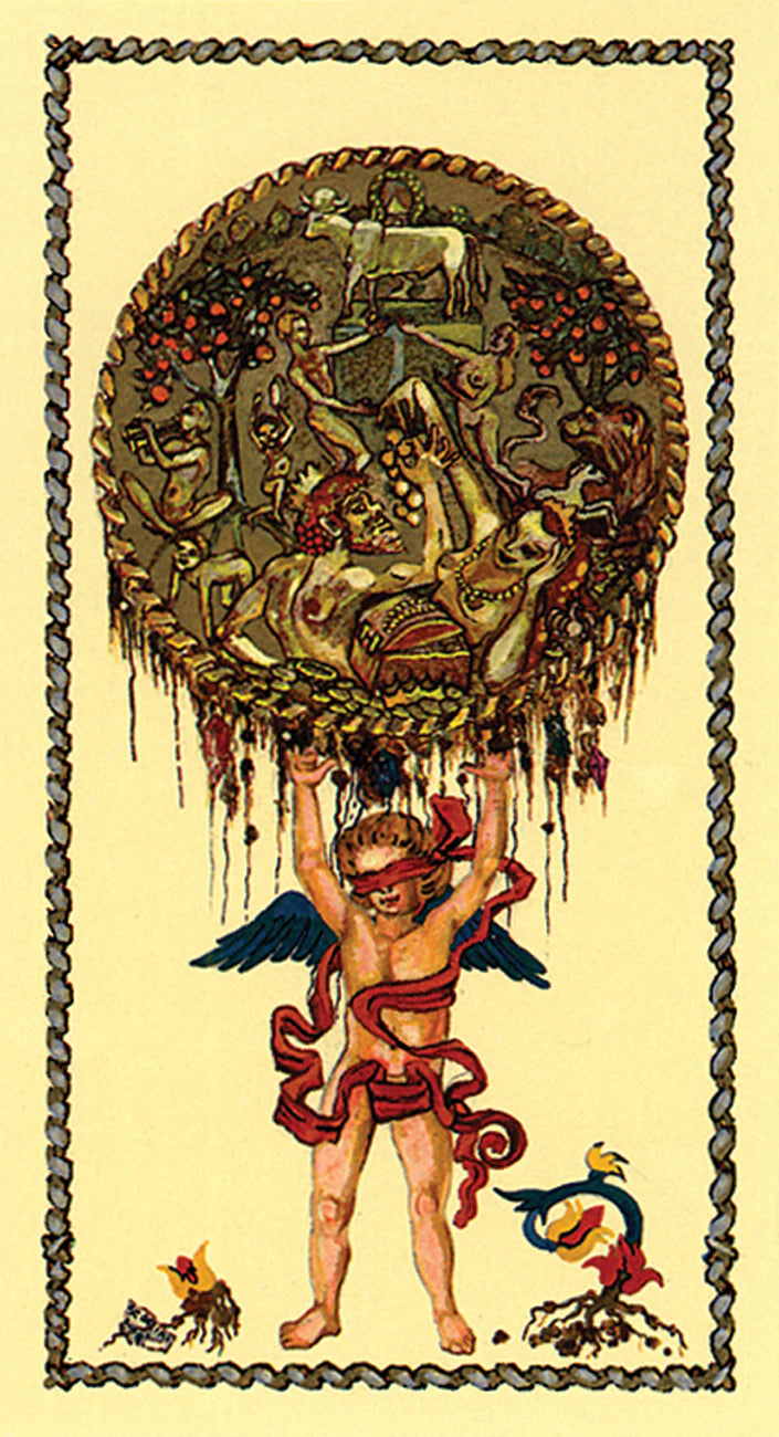 Artistic depiction of a figure holding up a circular emblem with various symbols and elements.