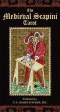 Cover of 'The Medieval Scapini Tarot' with a character in red attire on a gold background.