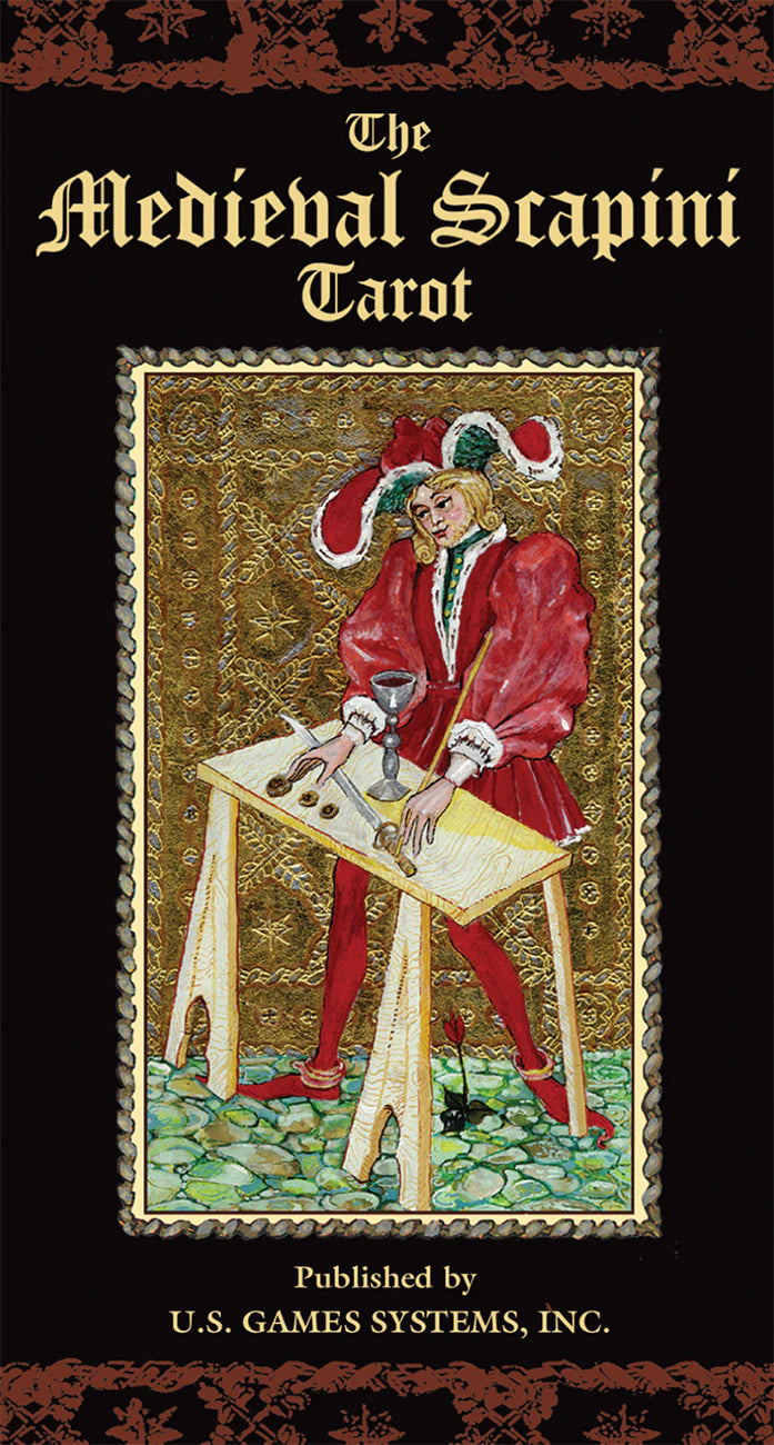 Cover of 'The Medieval Scapini Tarot' with a character in red attire on a gold background.