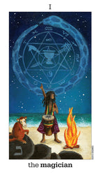 Tarot card titled 'The Magician' with a person playing a drum, a monkey, and a snake on a beach with a starry night sky.
